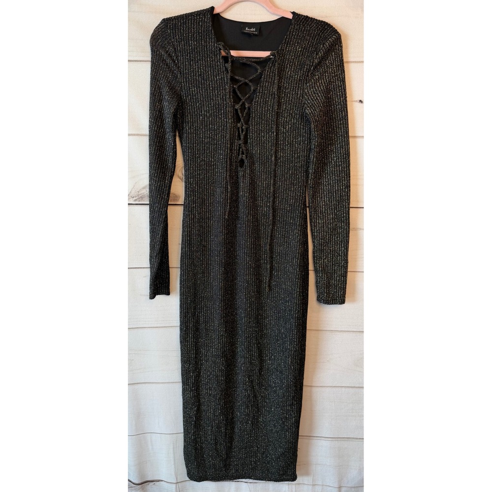 Bardot Womens Black Gold Metallic Ribbed Lace Up Midi Dress 34121DBX Size 6